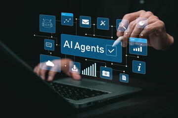 A professional using a laptop with an AI agents interface, representing artificial intelligence automation, digital workflow, smart systems, data management, and advanced business technology.