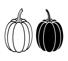 Two contrasting pumpkin illustrations one outlined and the other solid black depict classic fall harvest imagery