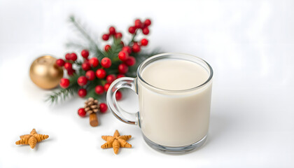Glass of milk with gingerbread cookies and festive decorations  