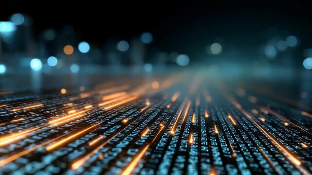 Dynamic visualization of digital code and illuminated lines on a dark background, symbolizing data transfer and high tech progress. Perfect for themes of cybersecurity, AI, and digital transformation