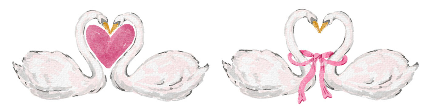 Two watercolor swans facing to form a heart and a matching pair with a pink ribbon - romantic illustrations suitable for wedding stationery, Valentine&rsquo;s, logos and love-themed designs.