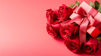 A stunning collection of fresh red roses is elegantly arranged beside a beautifully wrapped gift box. The striking pink backdrop enhances the romantic atmosphere, perfect for special occasions.