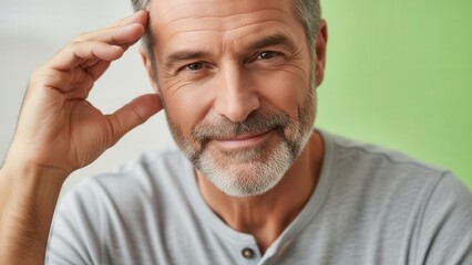 Obraz premium Close-up portrait of an elderly man with a warm smile and thoughtful expression in a bright setting