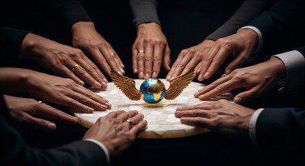 A political peace agreement between hostile parties. The rulers of the world unite in an alliance and swear an oath, placing their hands on a sacred artifact.