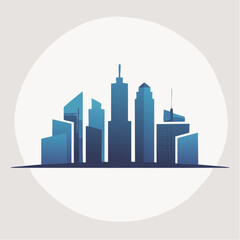 Fototapeta premium Modern city skyline with various blue toned skyscrapers in a circular frame.