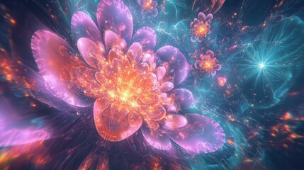 Abstract fractal art creating a mesmerizing composition of glowing digital flowers with intricate petals and intricate light trails, symbolizing growth, innovation, and futuristic beauty