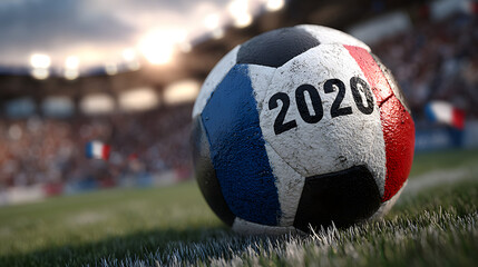 Soccer ball and numbers 2026 decorated with flags of usa france and mexico on a green soccer field with stadium crowd in background