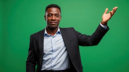 Confident businessman presenting with open hand gesture against a green screen background