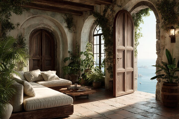 Mediterranean style interior with stunning ocean view and natural light