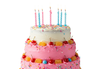 Three-tier pink/white birthday cake, colorful sprinkles, red cherries, yellow/orange jelly, six lit pink/blue candles on a white studio, Birthday celebration atmosphere