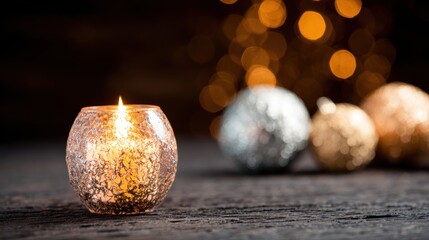 Decorative candle shines bright near shiny ornaments during winter season