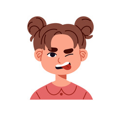 Avatar of disgusted little girl. Dissatisfied kid with sticking tongue hates smth. Child with dislike expression feels puke, shows yuck reaction on face. Flat isolated vector illustration on white