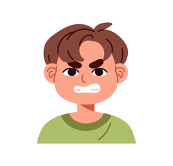 Portrait of furious little boy with emotion of anger on face. Avatar of angry kid with expression of rage. Irritated, aggressive, mad child. Flat isolated vector illustration on white background