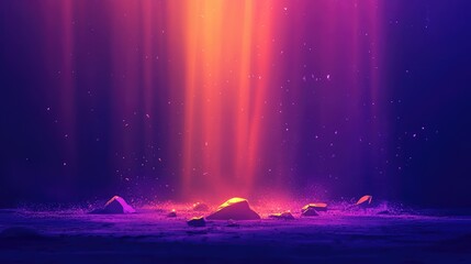 Glowing light rays descend on a mystical terrain. Casting vibrant purple and orange hues over scattered luminous rocks and a cloud of shimmering particles creating an enigmatic and ethereal atmosphere