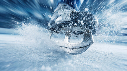 Close-up low angle view of an ice hockey skate braking on ice with dynamic spray and motion blur. Sharp blade cutting the frozen surface in a stadium arena.