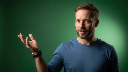 Confident man engaging in conversation on a vibrant green background exhibiting expressive gestures