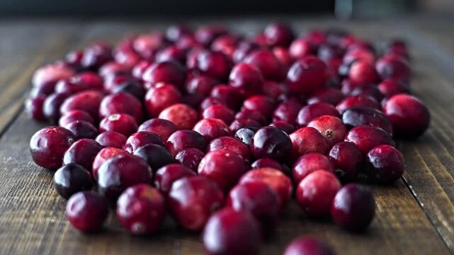 Hands add ripe cranberries to a pile on a wooden table. The light showcases the red color of the fruit. This simple action highlights the process of gathering food.