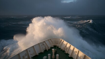 Stormy vessel prow surges bravely through tempestuous ocean, invoking Poseidon's wrath, nautical adventure, National Maritime Day thrill