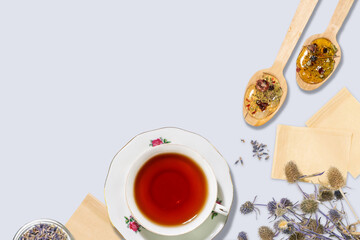 Herbal Tea Flat lay With Dried Flowers Honey And Vintage Cup. Concept Of Healthy Lifestyle Holistic Wellness Natural Remedies Organic Nutrition And Visuals For Eco Friendly Food Branding