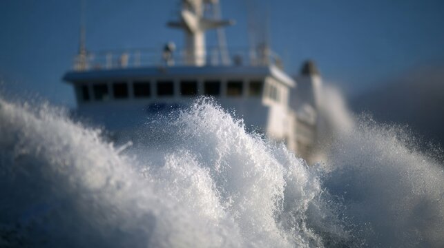 Roaring surf engulfs a distant ferry's silhouette, invoking Viking seafaring lore and the enigmatic Festival of Winds