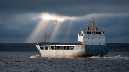 Cargo ship serenely sails under ethereal sunbeams, embodying nautical tranquility, World Maritime Day, pacific odyssey, timeless voyage grandeur