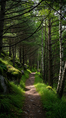 Obraz premium Forest path surrounded by green trees and nature