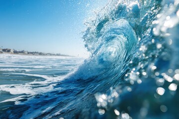 Surfing action captured on a sunny beach with ocean waves crashing, highlighting the thrill of water sports under clear skies in a vibrant coastal landscape