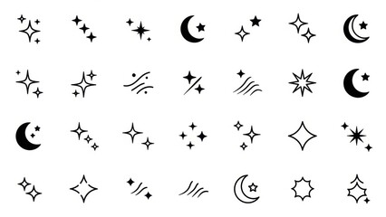 A collection of simple, stylized icons representing stars, sparkles, and crescent moons, suitable for graphic design elements.
