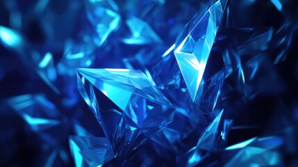 Blue crystal shards creating a luminous abstract background, reflecting light and intricate facets while conveying themes of luxury, technology, and futuristic design
