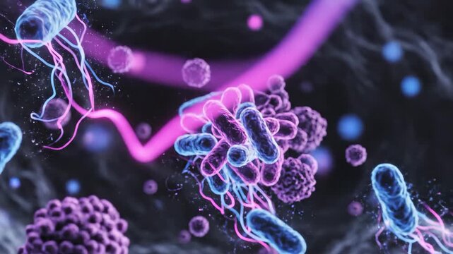Vibrant microscopic view of diverse bacteria and microorganisms in glowing blue and purple hues against a dark background.