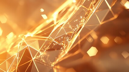 Golden abstract network structure creating a futuristic digital scene, showing interconnected geometric shapes and glowing particles representing data flow and technological connection
