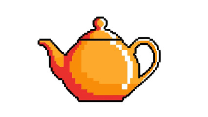 Vibrant orange pixel art teapot with red accents on white background