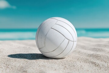 Realistic white volleyball ball resting on sandy beach with ocean waves in the background during bright, sunny day