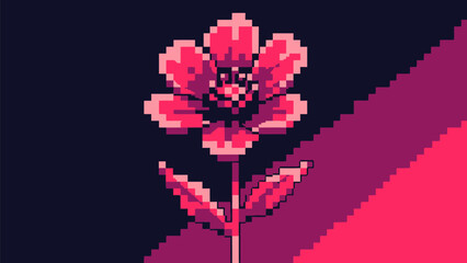 Vibrant pink pixel art flower on dark background