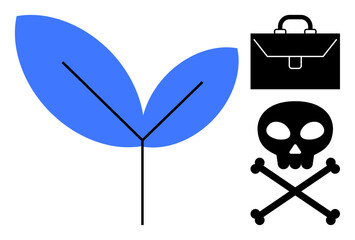 Environmental awareness, industrial hazards, corporate responsibility, business ethics, nature conservation, health safety. Blue leaf, briefcase skull and crossbones symbol. Environmental awareness