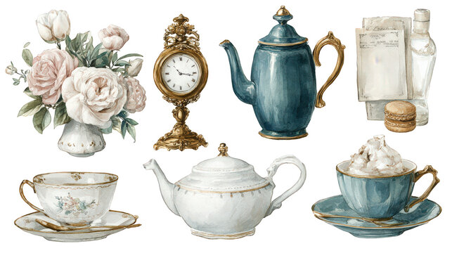 Watercolor collage of floral antique tea time items, vintage crockery and blooms