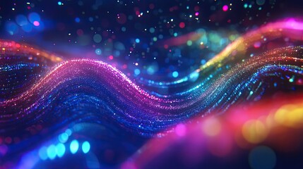 Abstract digital particles form undulating vibrant waves of glowing bokeh, visualizing flowing information, network connections and futuristic data streams in purple blue pink hues