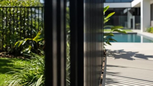 Black slatted fence in sharp focus, with shadows on white ground, pool and modern house blurred