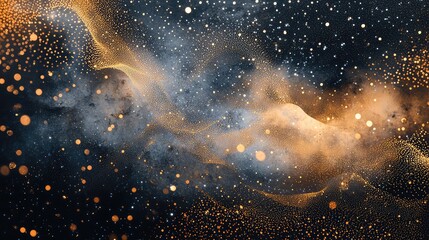 Golden glittering particles moving in elegant dynamic waves across a dark background with subtle texture and soft glowing spots, creating a luxurious and modern abstract backdrop