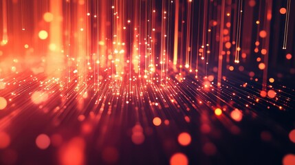 Glowing red and orange particles are falling and connecting on a vibrant abstract background, representing concepts of communication, technology, global network, and digital information transfer