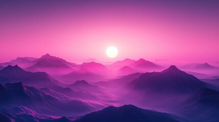Sunset over futuristic mountains, vibrant purple and pink gradient sky casting glowing light across serene, otherworldly landscape tranquil, dreamy evening scene