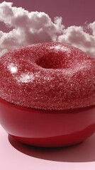 Fluffy pink sugar donut levitates with ethereal clouds, celebrating National Donut Day and whimsical Cloud Appreciation Day