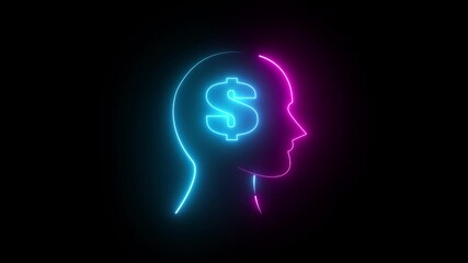 Financial intelligence and digital economy concept, featuring a neon human head silhouette with a glowing dollar sign.