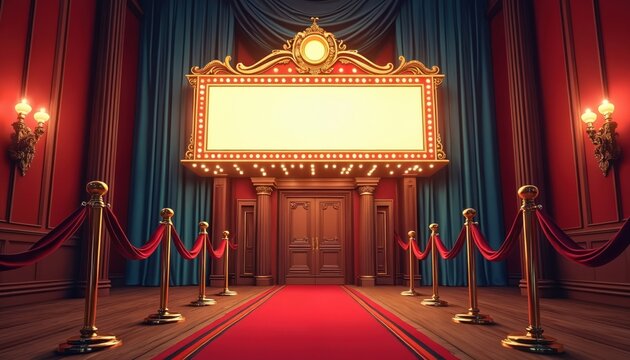 Illustration of a vintage theater entrance with a blank marquee. The red carpet leads to the closed doors. Golden stanchions and velvet ropes mark the path.
