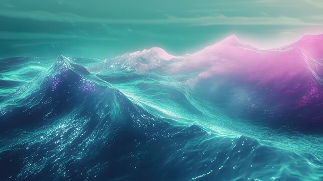 Dynamic digital seascape of iridescent turquoise and blue waves crashing toward luminous pink purple mountains beneath a dramatic, otherworldly sky evoking cosmic energy and motion - Powered by Adobe