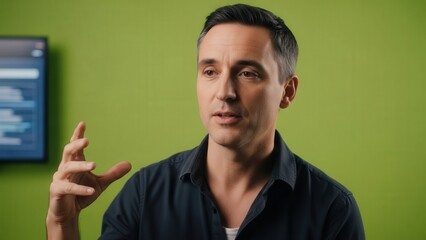 Business professional engaging in thoughtful discussion against a vibrant green background