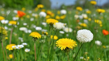 Bright flowers bloom in a green field under the clear sky in springtime