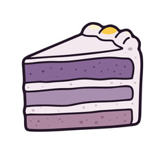 Cute illustration of ube cake slice with purple color, creamy texture, trendy dessert, kawaii food style, isolated on white background