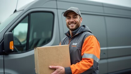 Smiling delivery guy holds a cardboard box. He wears a grey uniform orange sleeves and cap. Van stands behind him. He delivers packages for online stores to clients addresses today.