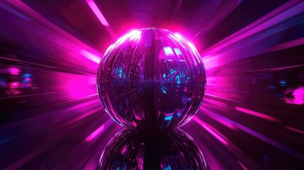 Reflective sphere creating a dynamic abstract background with glowing neon pink and blue light rays and reflections, symbolizing technology, energy, and digital concepts